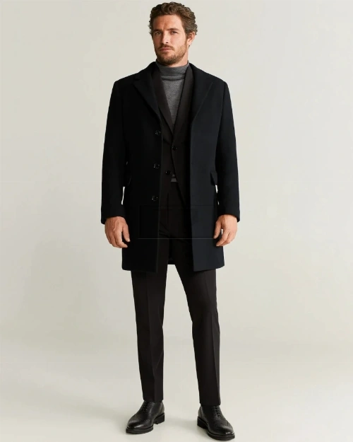 Men Black Tailored Wool Coat