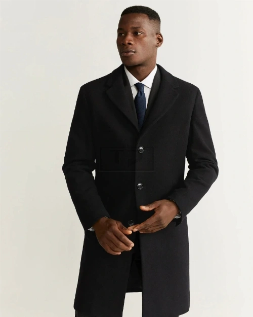 Men Black Lapel Wool Coat - Image 3