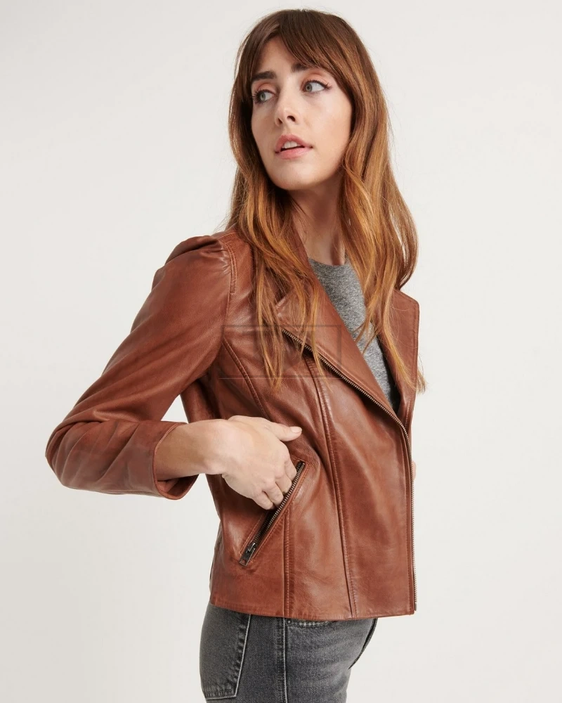 Women Rusty Brown Leather Jacket - image 3