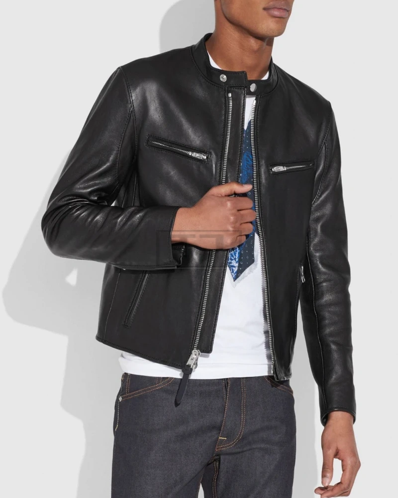 Men Black Cafe Racer Jacket - image 1