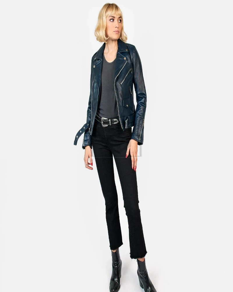 Women Sea Blue Leather Jacket - image 1