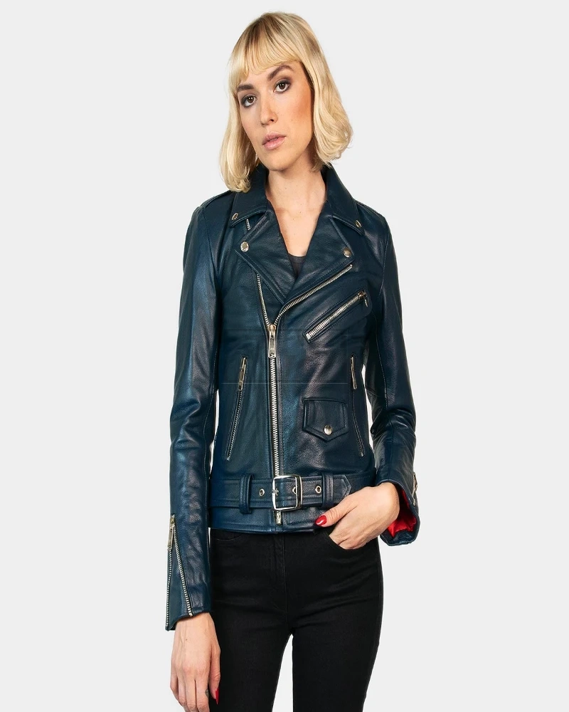 Women Sea Blue Leather Jacket - image 2