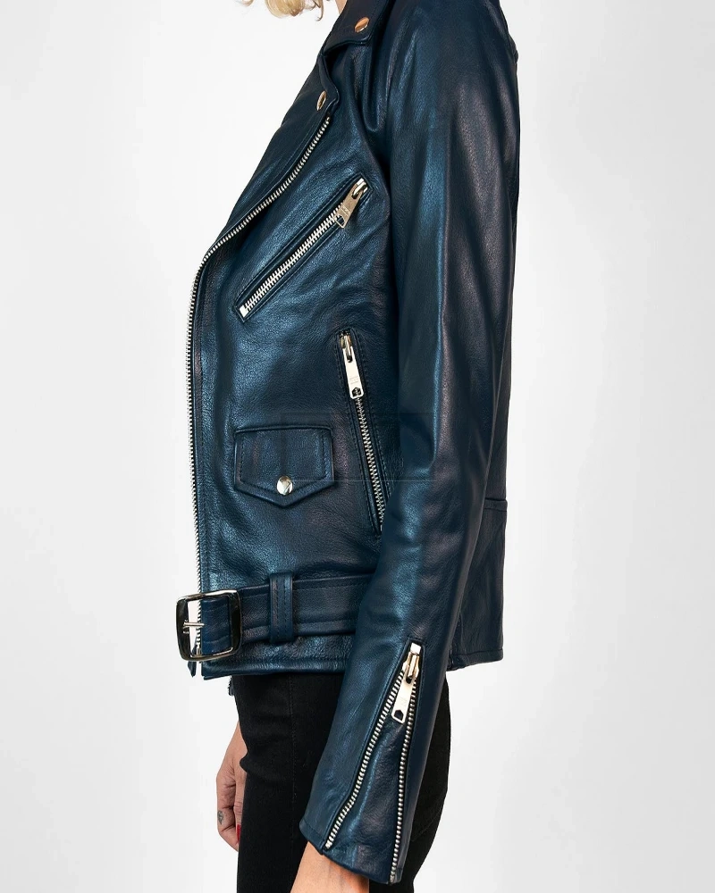 Women Sea Blue Leather Jacket - image 4