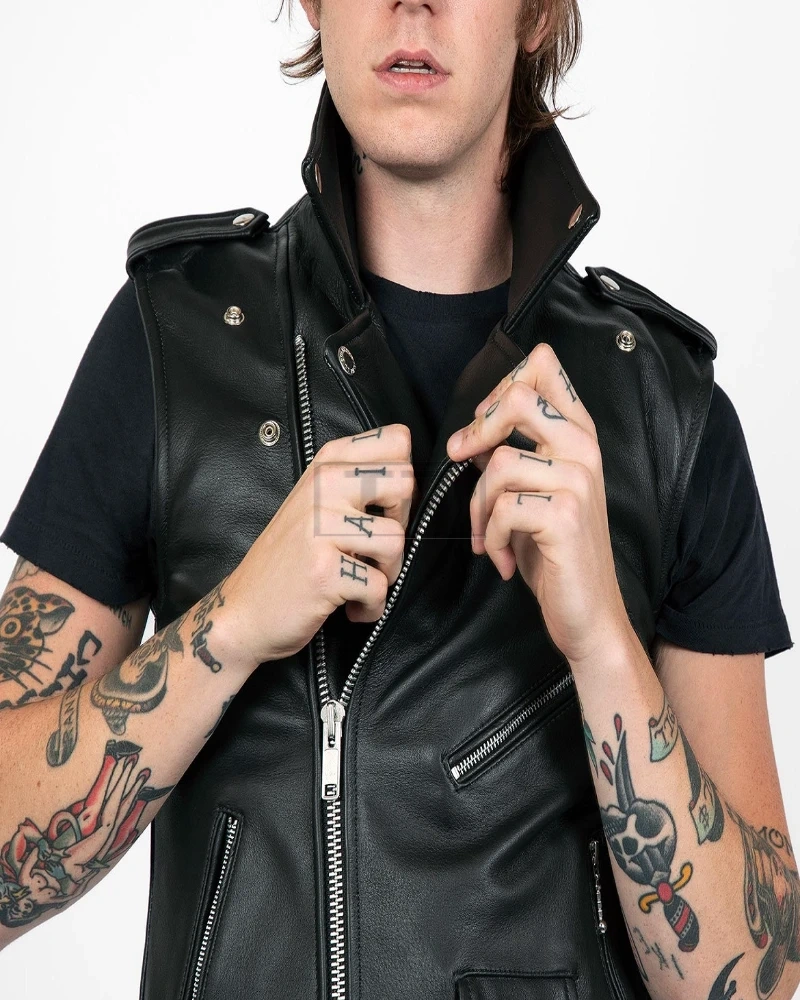 Men Black Leather Vest - image 3