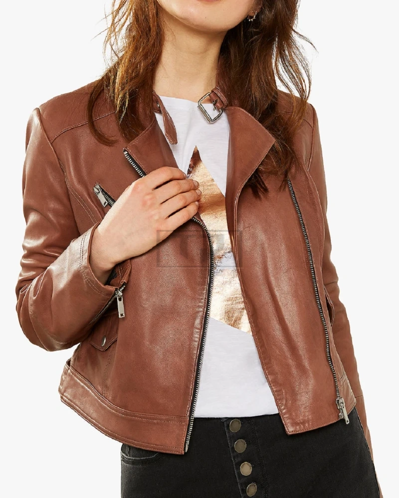 Women Tan Biker Jacket - image 1