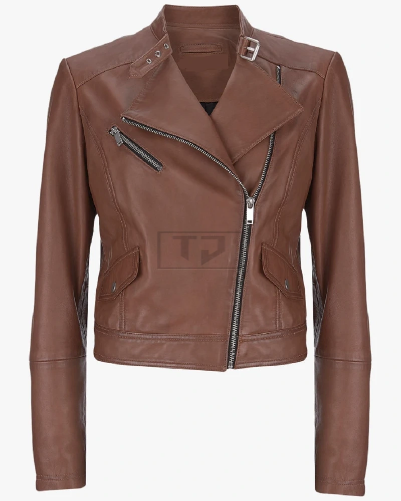 Women Tan Biker Jacket - image 3