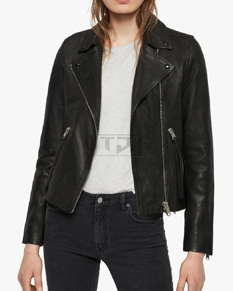 Women Pure Black Leather Jacket - image 3