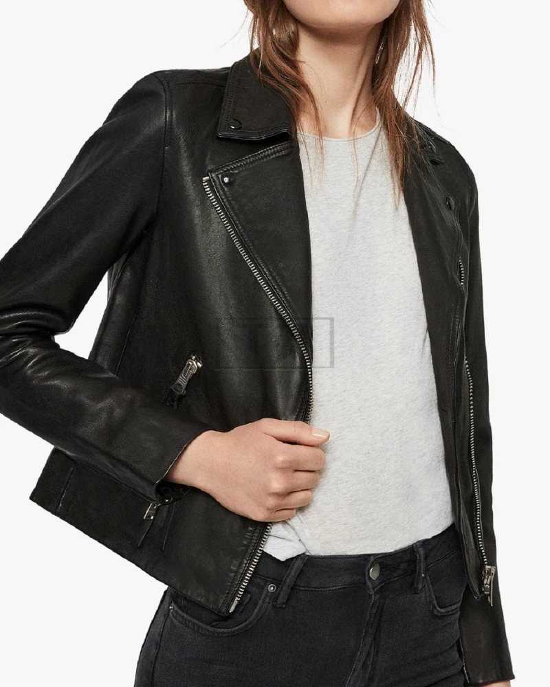 Women Pure Black Leather Jacket - image 4