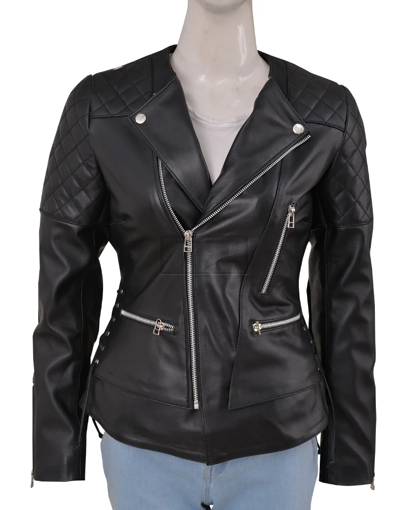 Women Black Biker Quilted Jacket - image 1