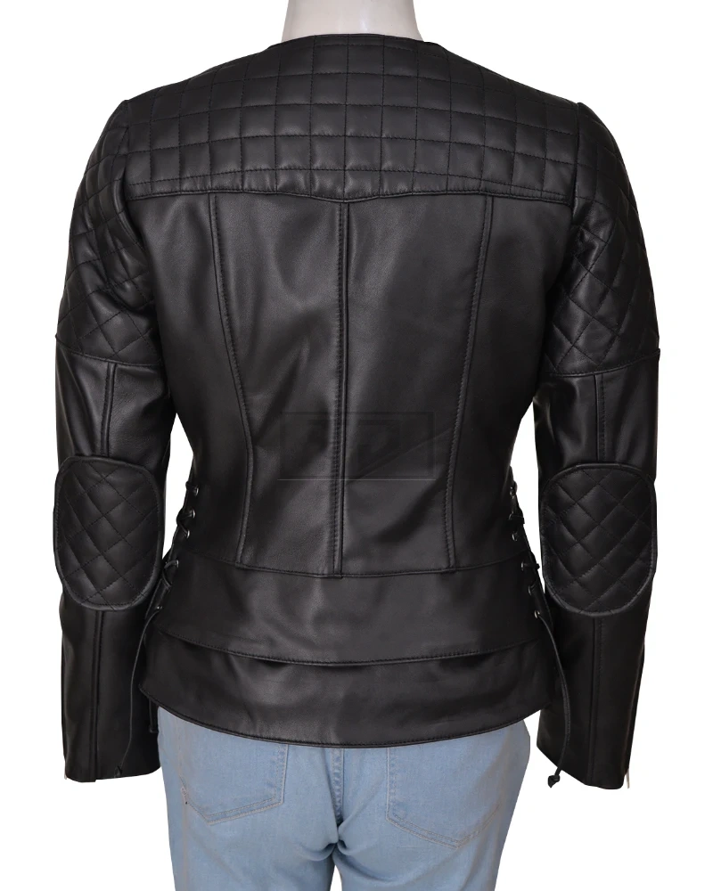 Women Black Biker Quilted Jacket - image 2