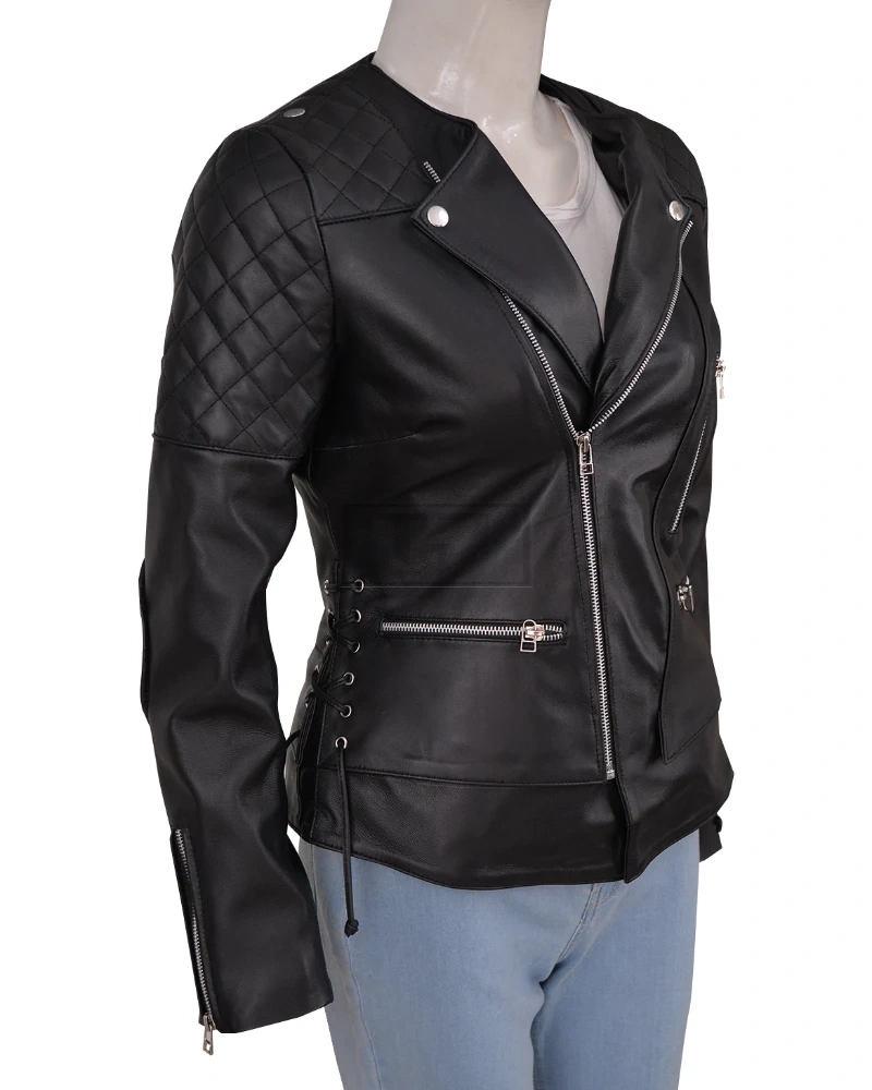 Women Black Biker Quilted Jacket - image 3