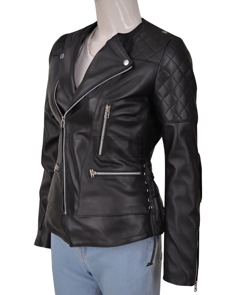 Women Black Biker Quilted Jacket - image 4