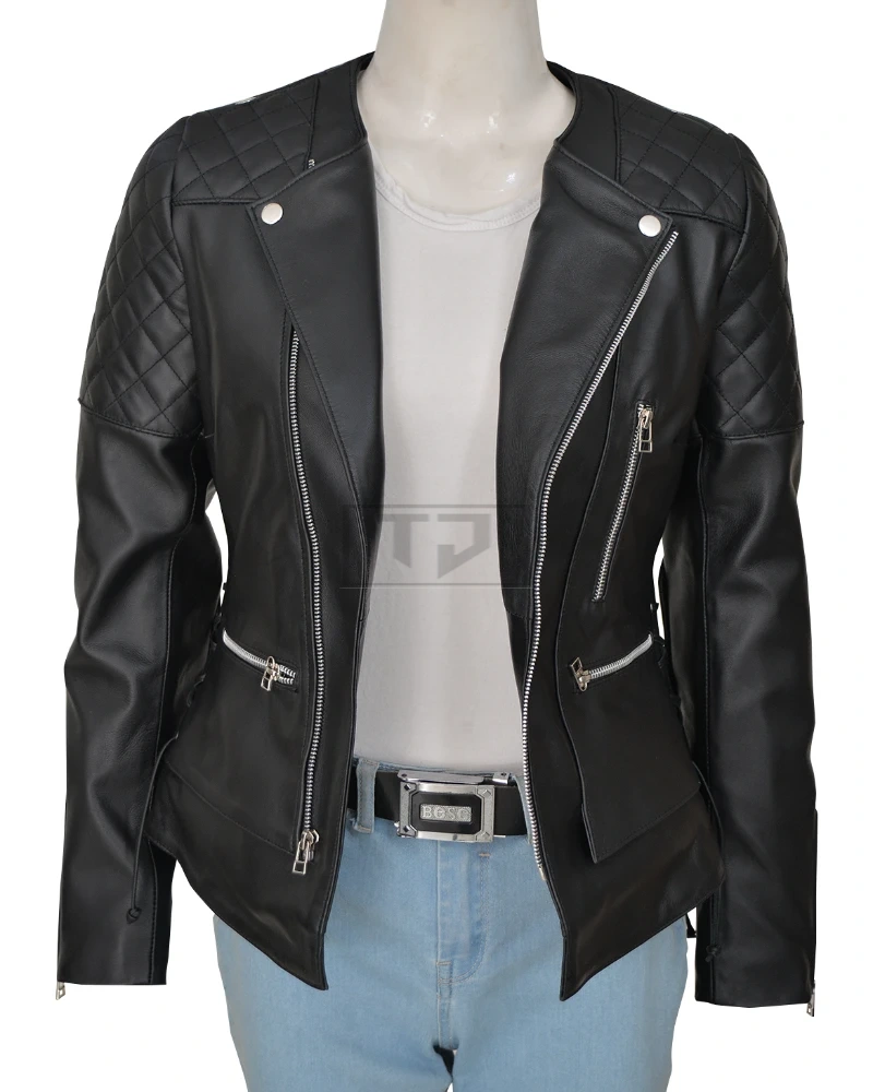 Women Black Biker Quilted Jacket - image 5