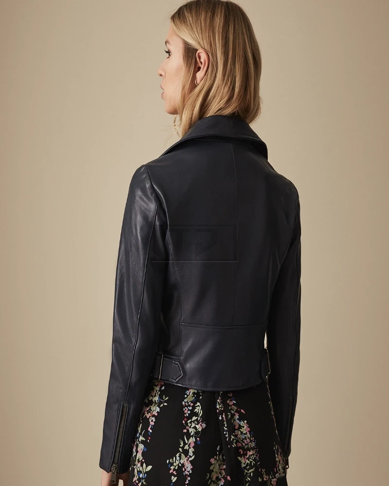 Women Navy Blue Leather Jacket - image 2