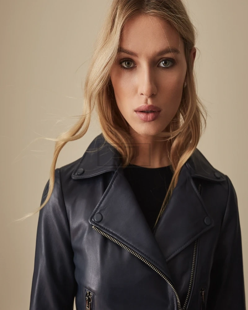 Women Navy Blue Leather Jacket - image 3