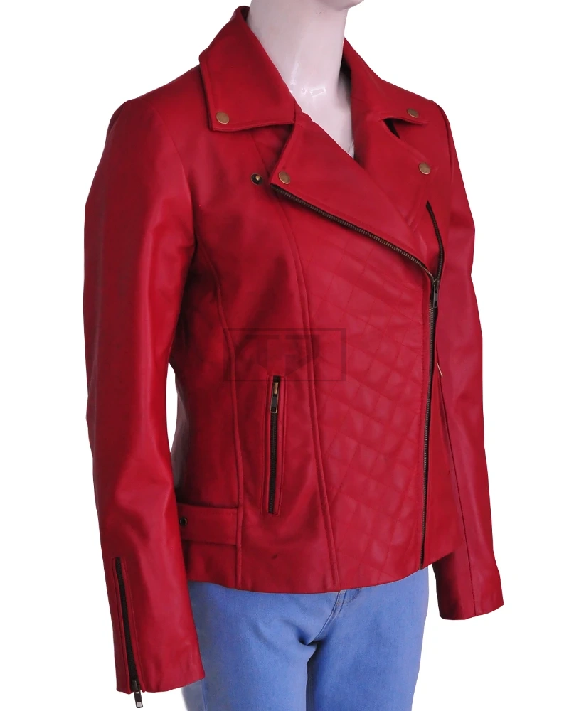 Women Red Brando Leather Jacket - image 3