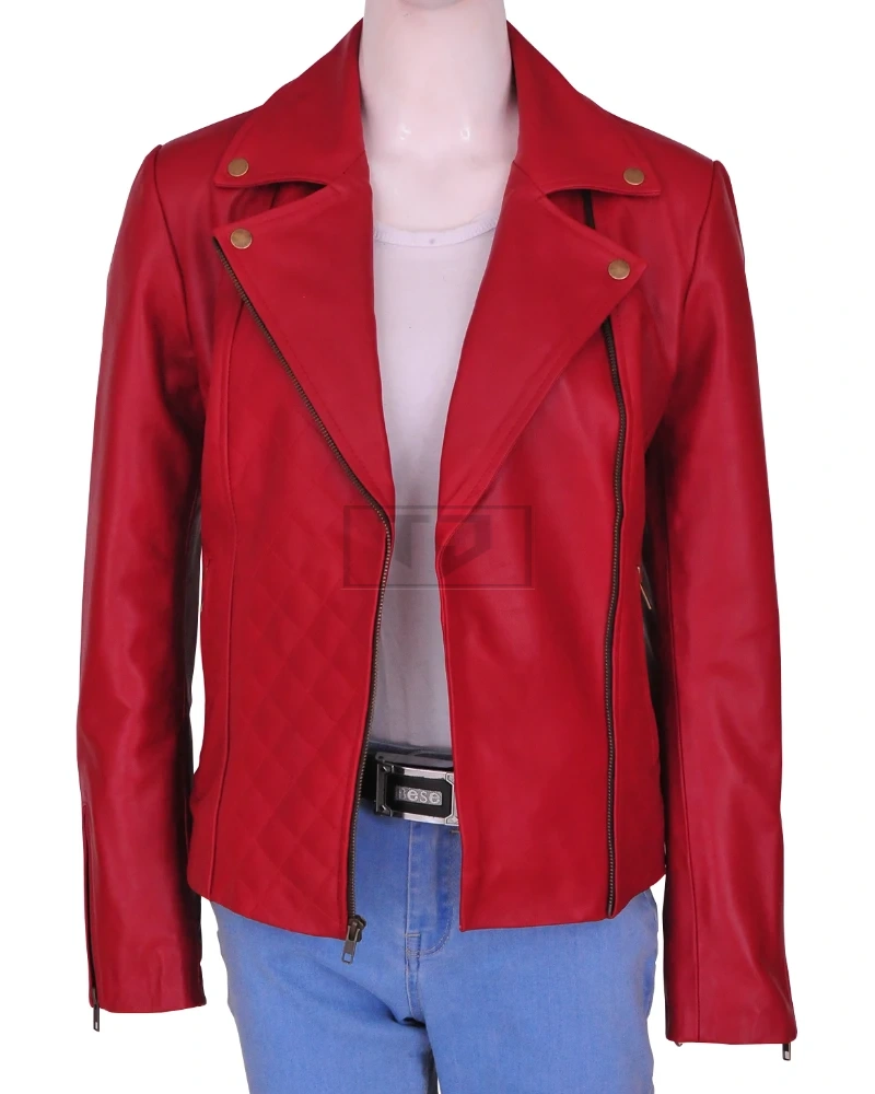 Women Red Brando Leather Jacket - image 5