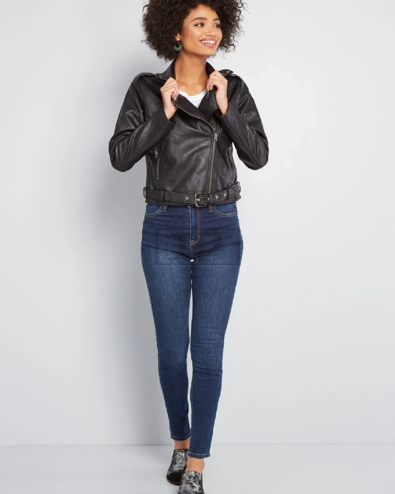 Women Glossy Black Leather Jacket - image 1