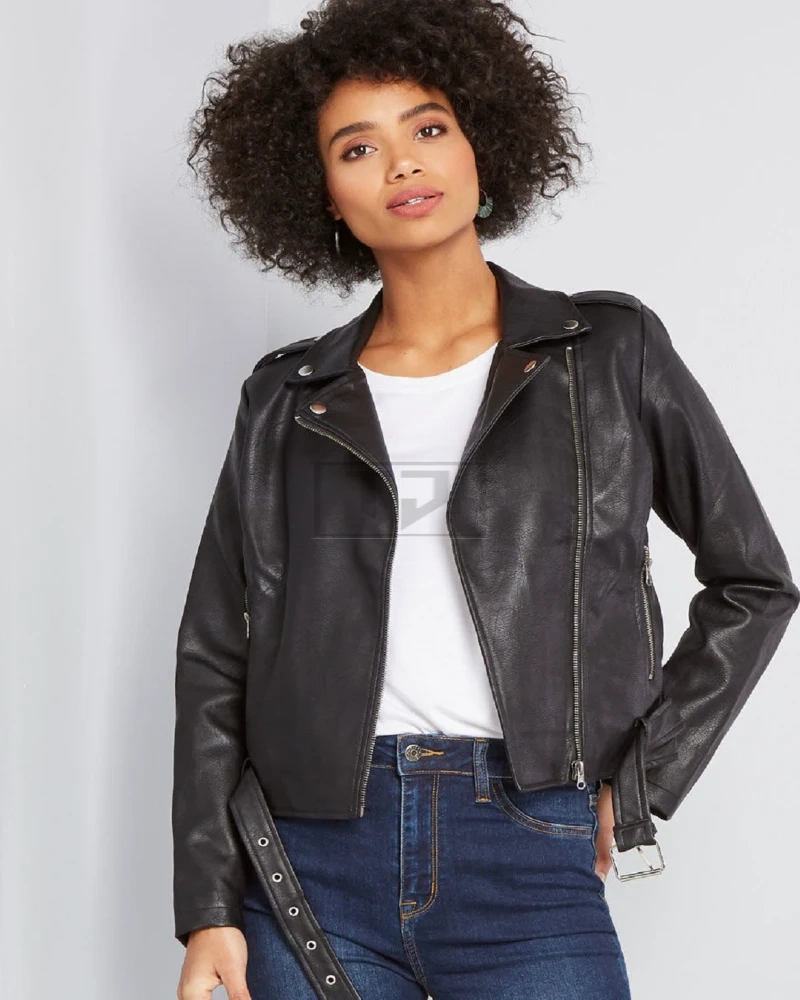 Women Glossy Black Leather Jacket - image 3