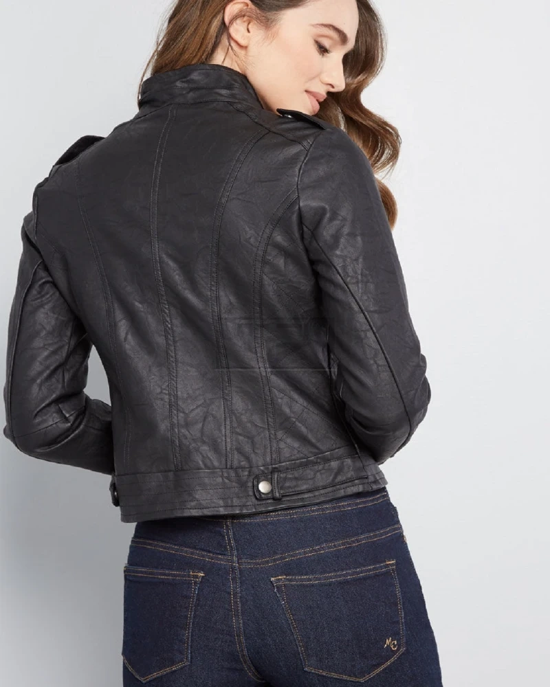 Women Black Textured Leather Jacket - image 2