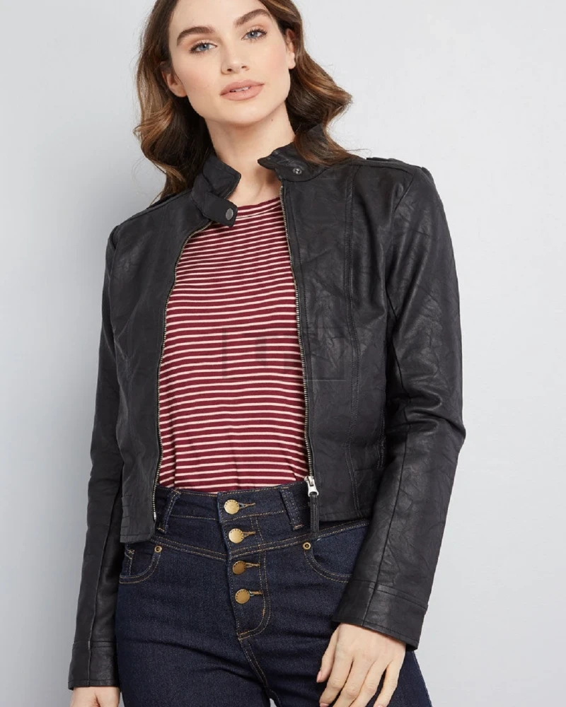 Women Black Textured Leather Jacket - image 3