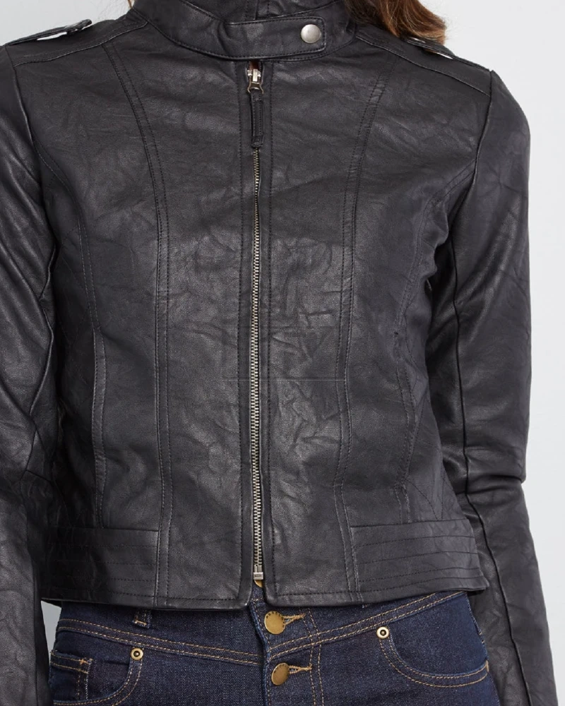 Women Black Textured Leather Jacket - image 4