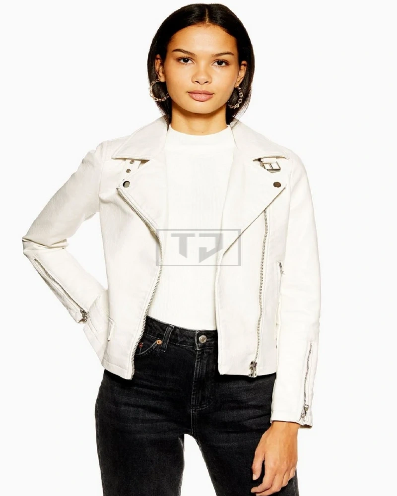 Women White Motorcycle Leather Jacket - image 3