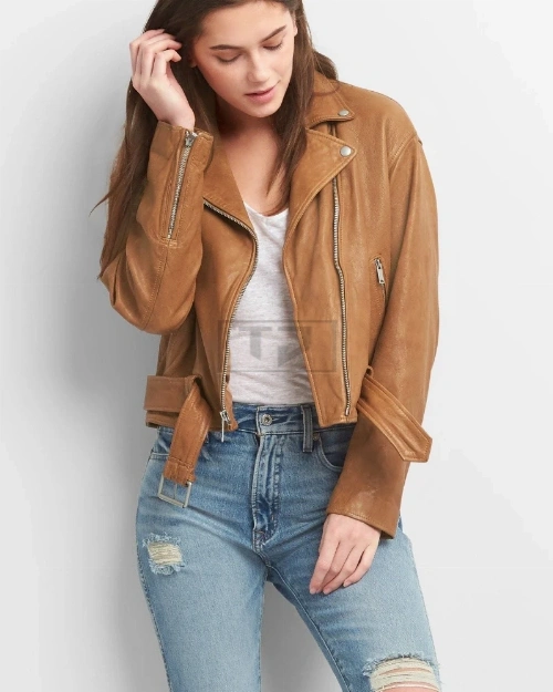 Women Tan Brown Leather Jacket - image 3