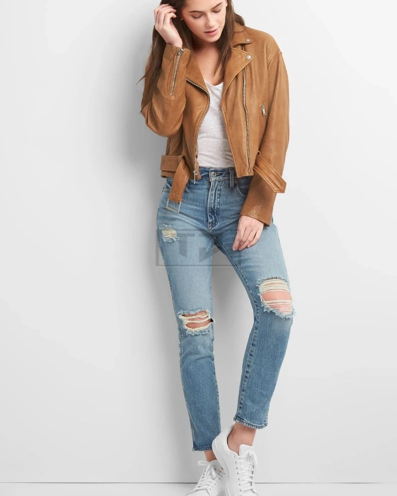 Women Tan Brown Leather Jacket - image 1