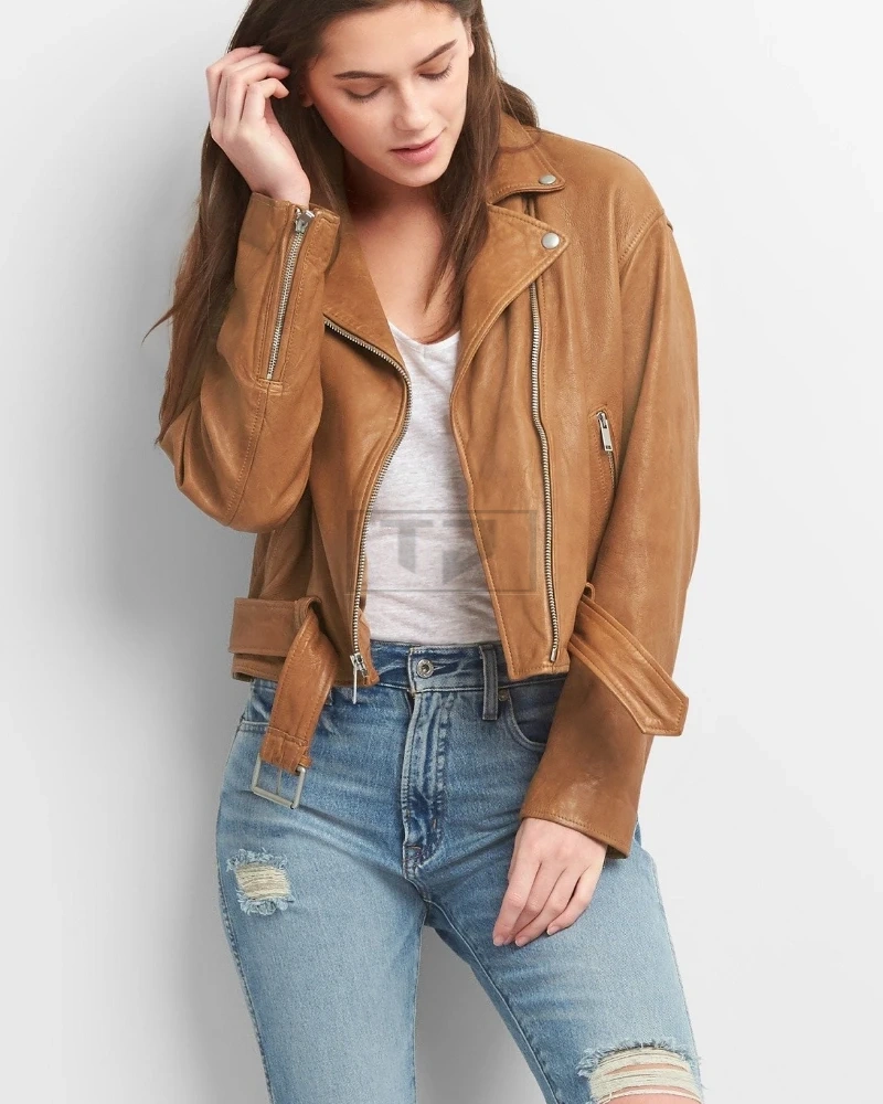 Women Tan Brown Leather Jacket - image 3