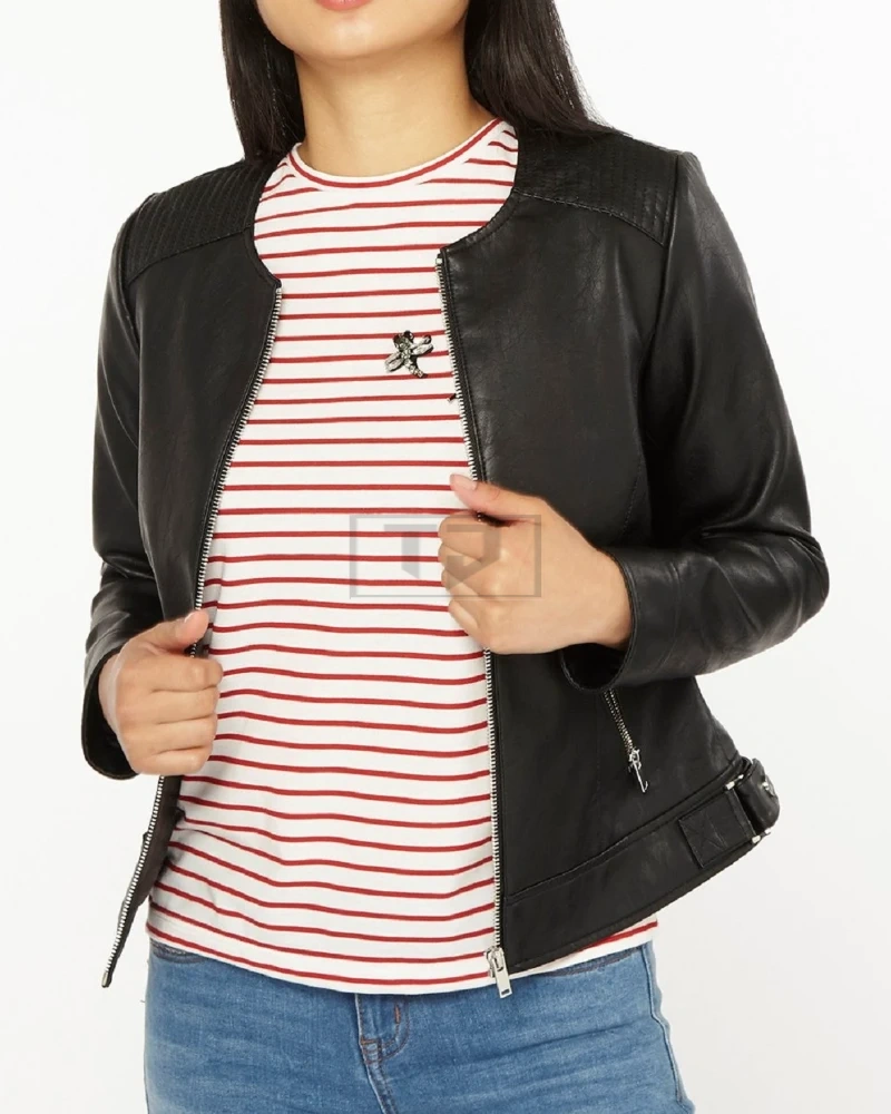 Women Black Slim Fit Leather Jacket - image 3