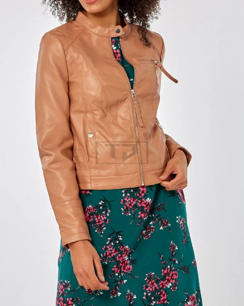 Women Slim Fit Brown Leather Jacket - image 3