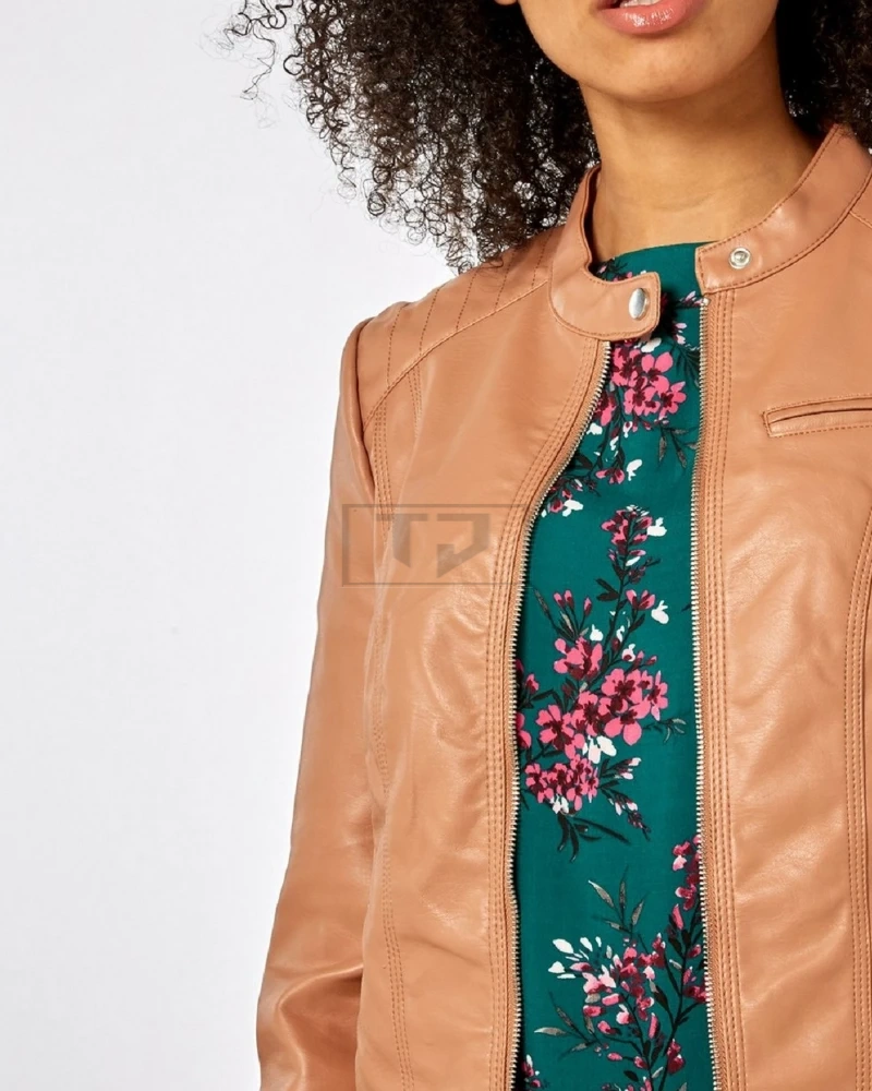 Women Slim Fit Brown Leather Jacket - image 4