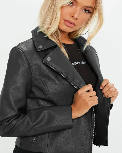 Women Matte Black Biker Leather Jacket - image 4