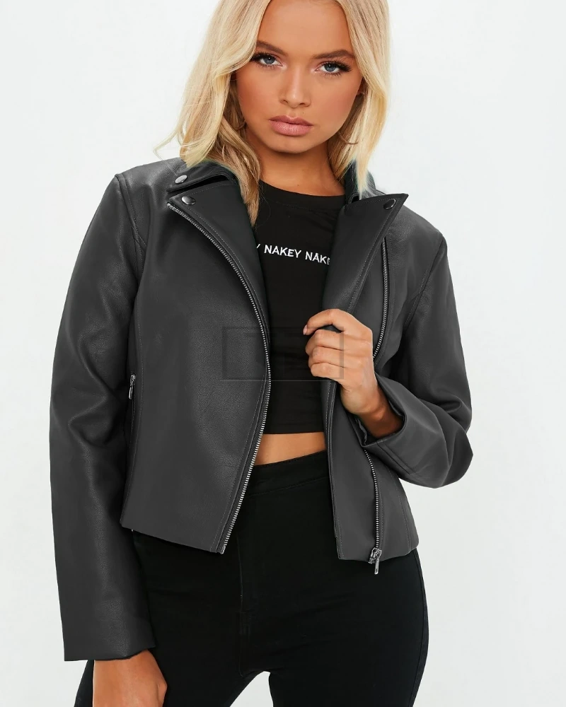 Women Matte Black Biker Leather Jacket - image 3