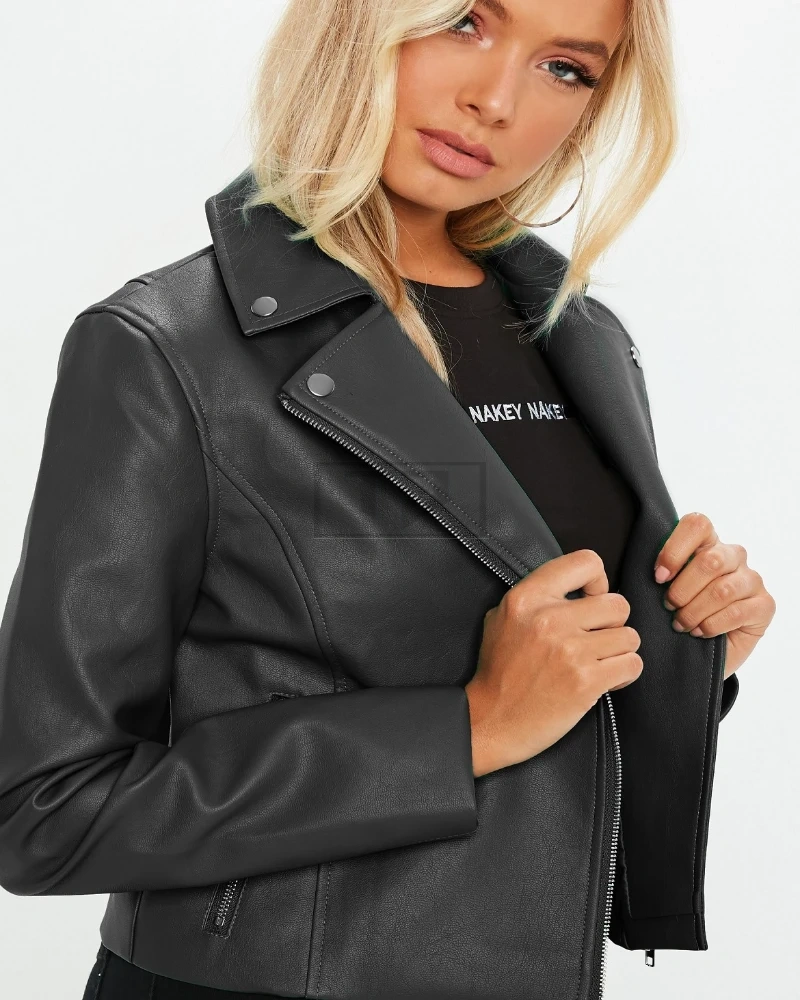 Women Matte Black Biker Leather Jacket - image 4