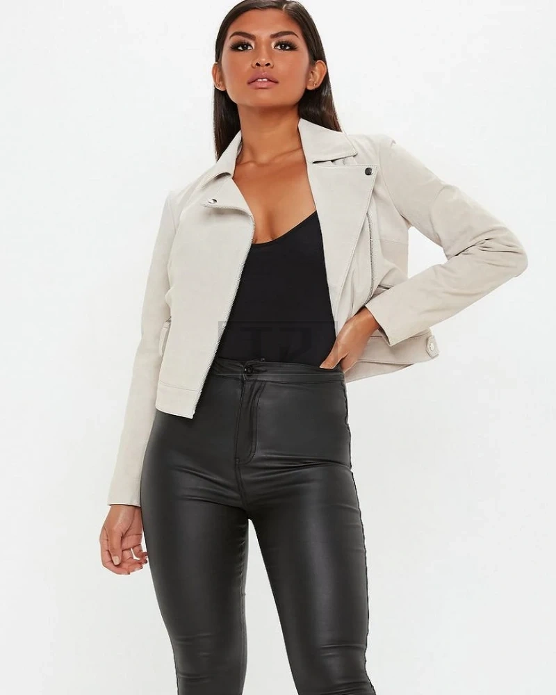 Women White Biker Leather Jacket - image 4