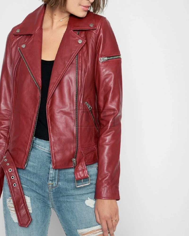 Women Red Wine Biker Leather Jacket - image 1