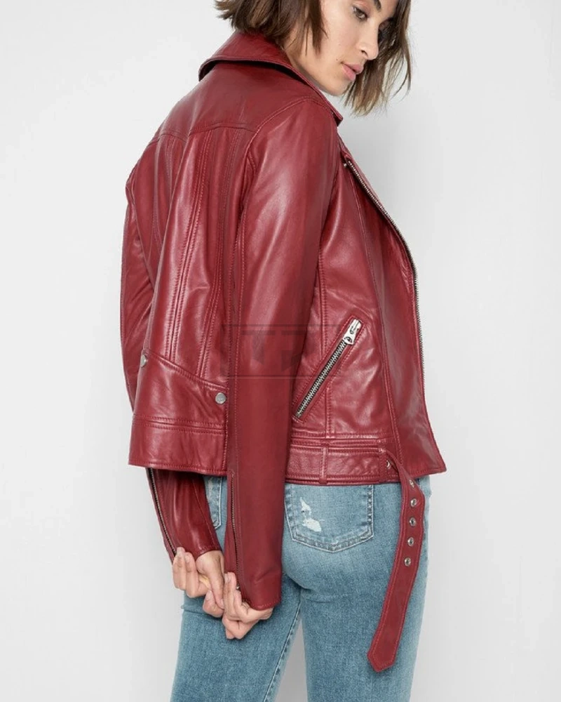 Women Red Wine Biker Leather Jacket - image 2