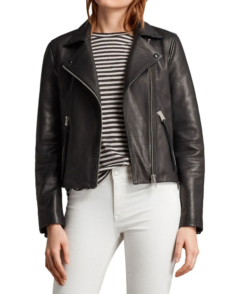 Women Black Moto Leather Jacket - image 3