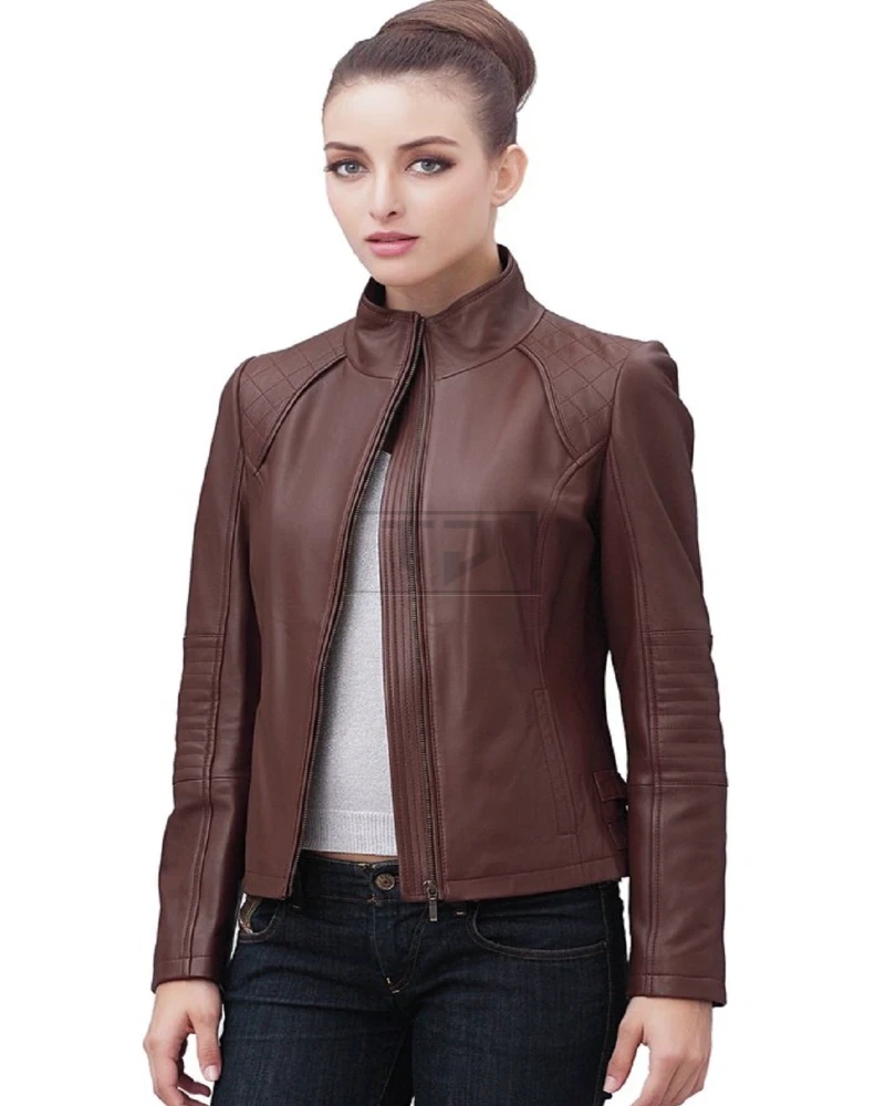 Women Brown Biker Leather Jacket - image 1