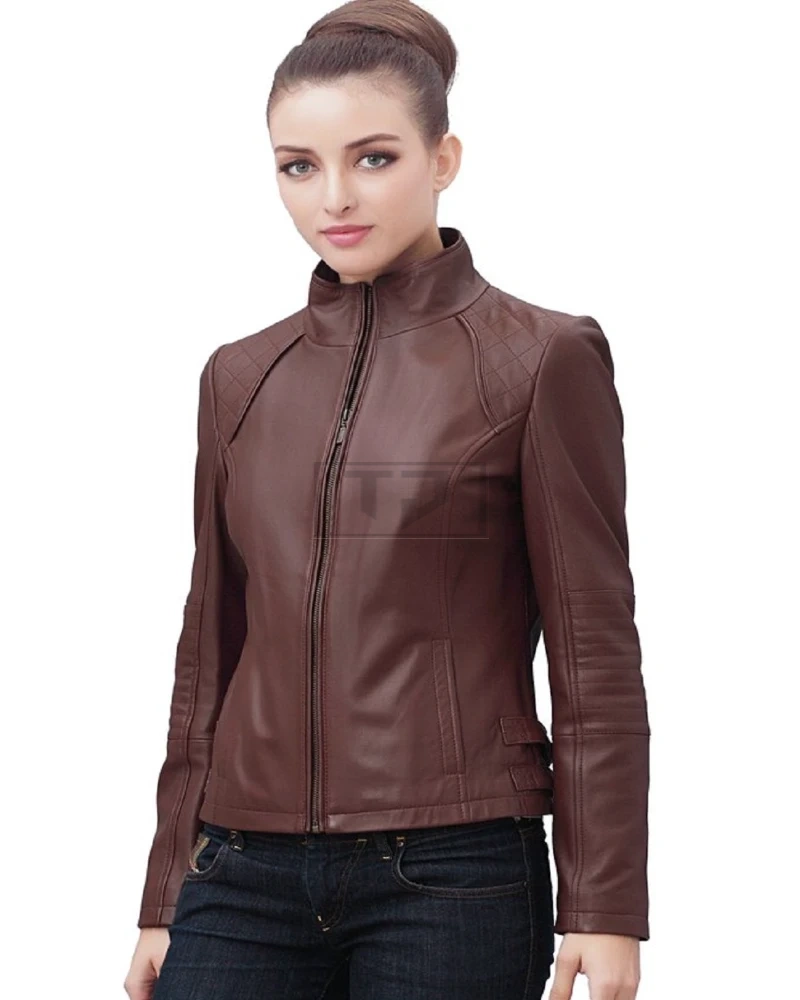 Women Brown Biker Leather Jacket - image 3