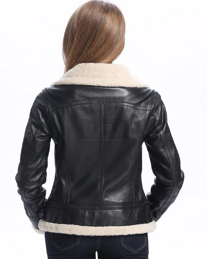 Women Black Bomber Shearling Jacket - image 2