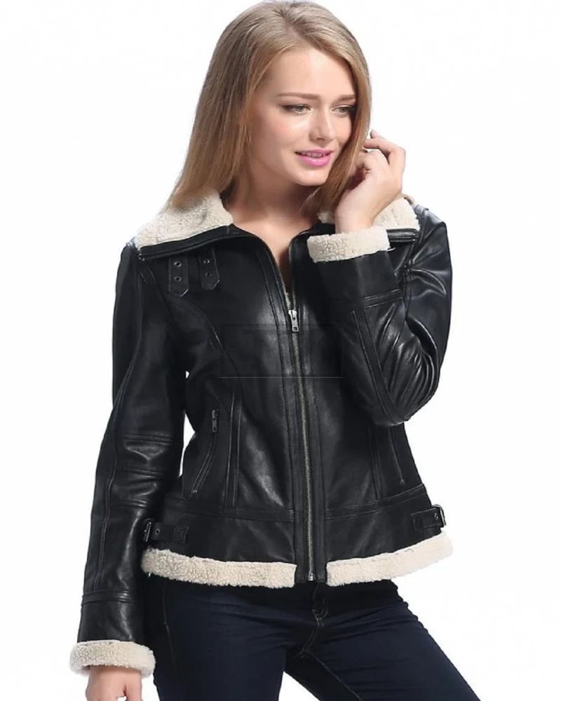 Women Black Bomber Shearling Jacket - image 3