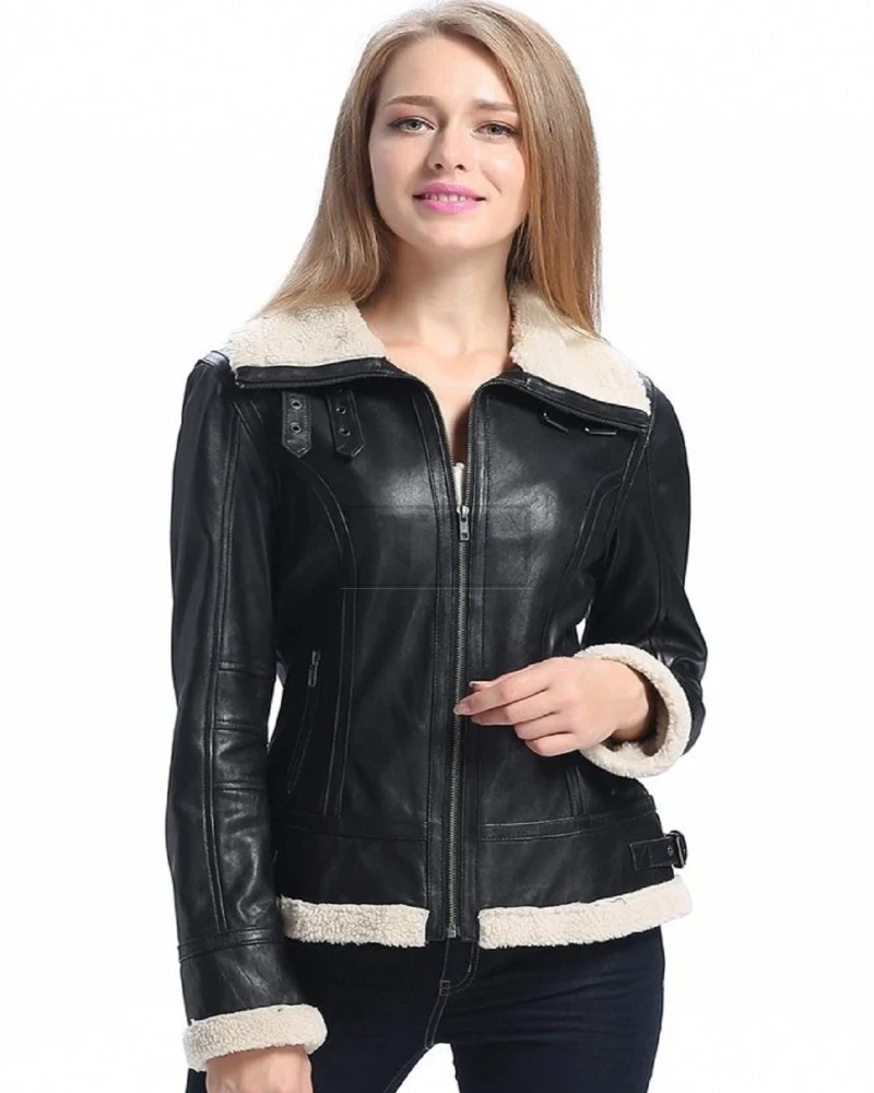 Women Black Bomber Shearling Jacket - image 4