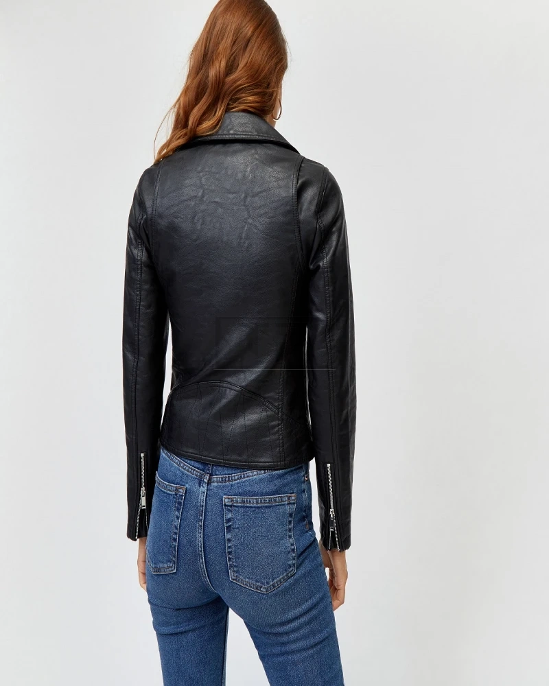 Women Coal Black Biker Jacket - image 2