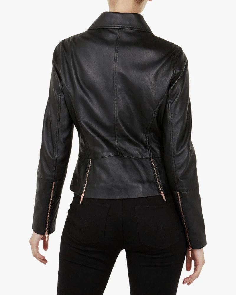 Women Pitch Black Biker Jacket - image 2