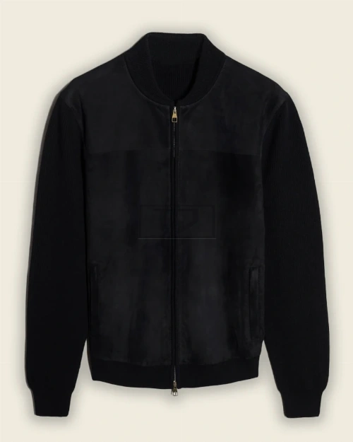 Men Pitch Black Suede Bomber Jacket - image 1
