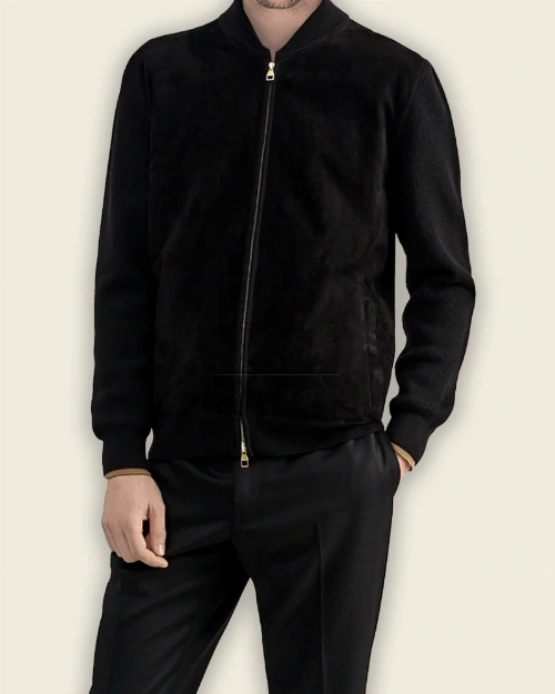 Men Pitch Black Suede Bomber Jacket - image 3