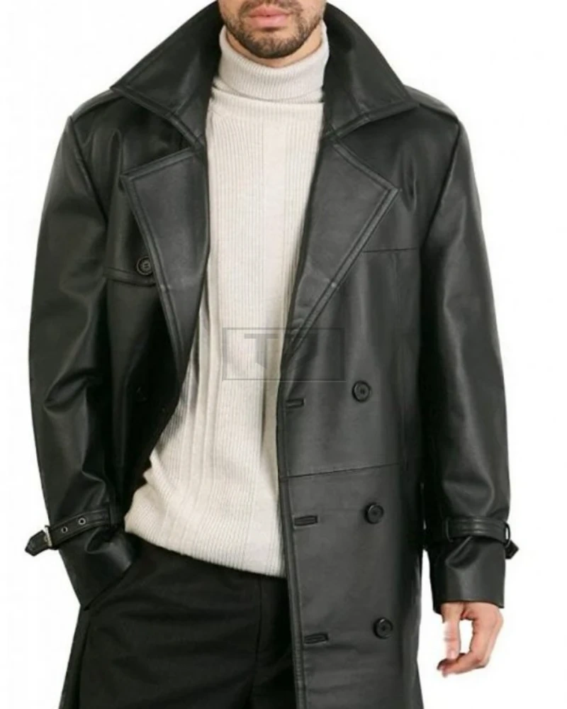 Men Black Faux Leather Overcoat - image 1